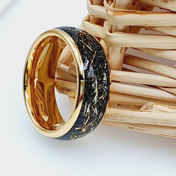 Yellow Gold Tungsten Wedding Ring With Gold Meteorite Inlay, GALTUN831 - Picture 4 of 6